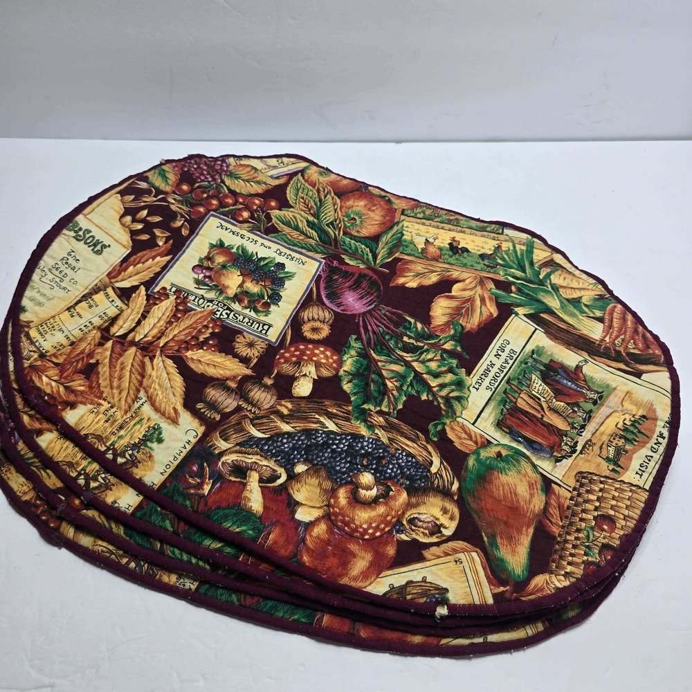 Vintage Harvest Botanical Oval Placemats Set of 4 Burgundy Farmhouse Seed Packet